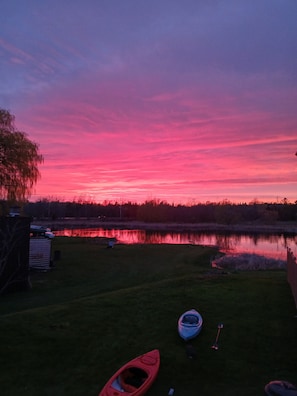 A grassy area with kayaks and a paddle, a body of water, and a forest in the background. - Pet friendly Waterfront Stay Near Wineries, Beaches & Trails with kayaks (Quinte West)