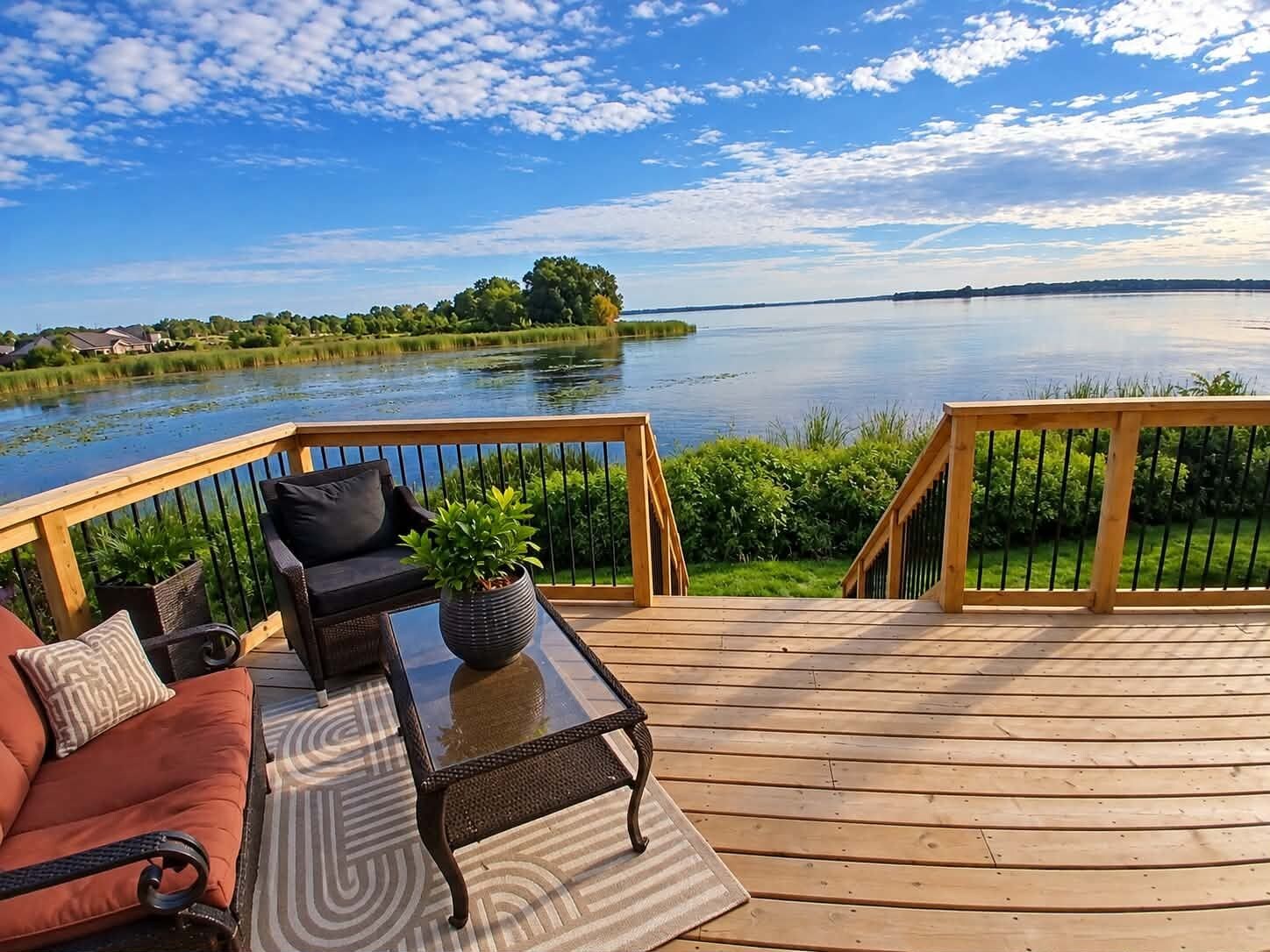 A deck with a sofa, a table, and a potted plant, overlooking a calm lake with a distant shoreline.