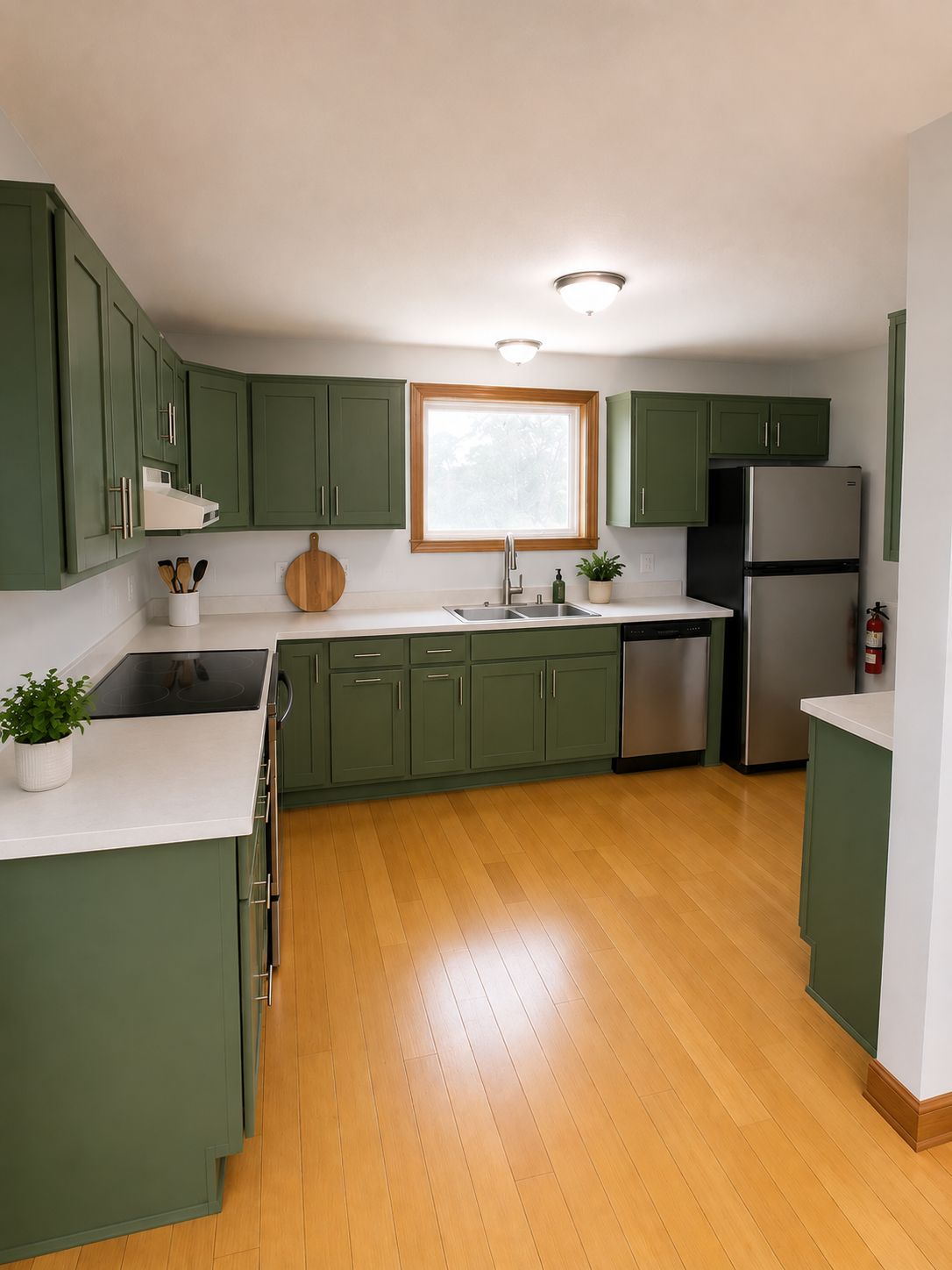 A kitchen with green cabinets, a stainless steel refrigerator, a dishwasher, and a window above the sink.