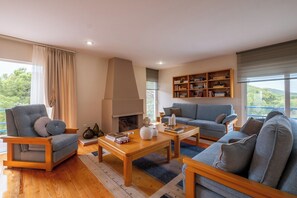 Ein modernes Wohnzimmer mit Kamin, einer Couch, einem Couchtisch und einem Bücherregal.