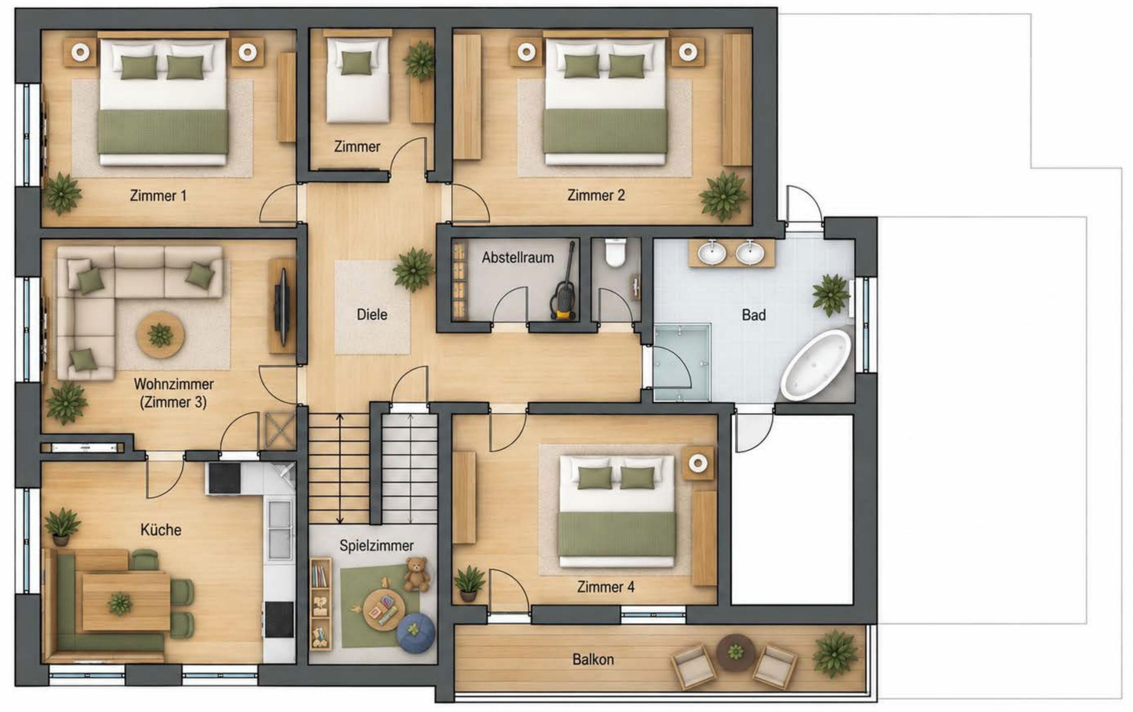 A floor plan with four bedrooms, a living room, a kitchen, a bathroom, a dining area, and a balcony.