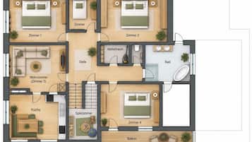 A floor plan with four bedrooms, a living room, a kitchen, a bathroom, a dining area, and a balcony.