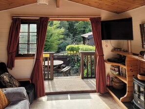 A cozy room with a wooden ceiling, a television, a bookshelf, a fireplace, and a view of a garden through a glass door. - River Lodge (Lynton)