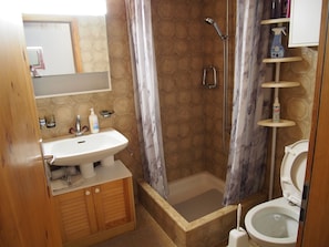 Un bany amb un lavabo, dutxa, vàter i una petita estant amb productes de tocador.