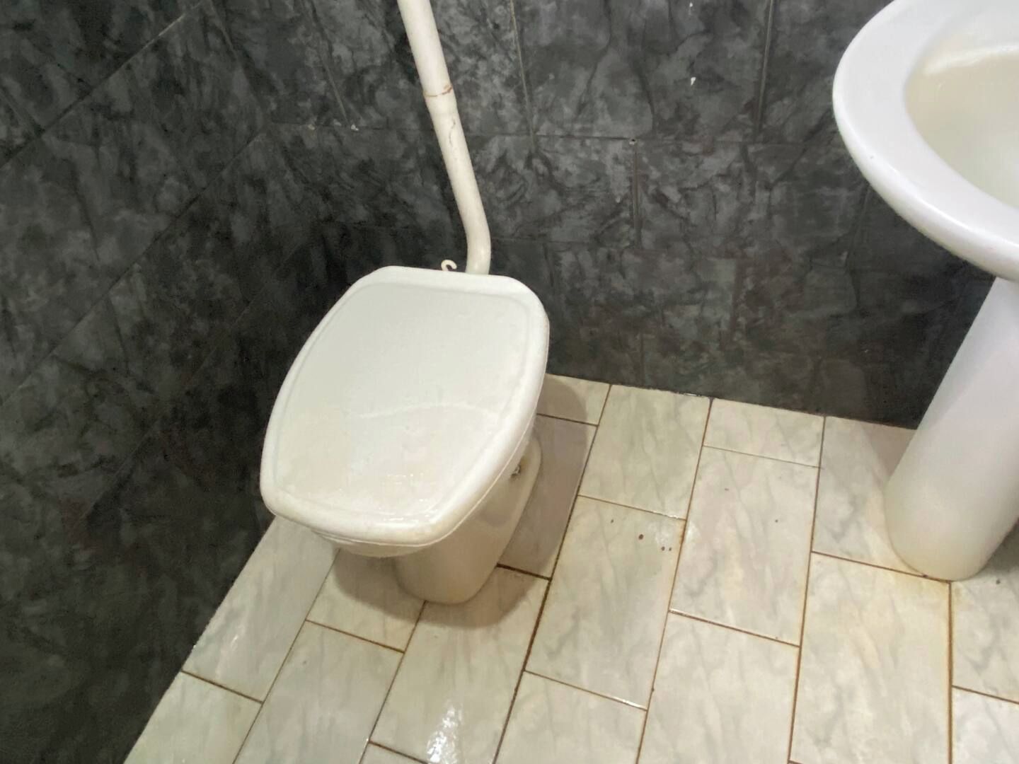 Een toilet met een witte zitting en deksel, een witte pijp en een betegelde vloer.