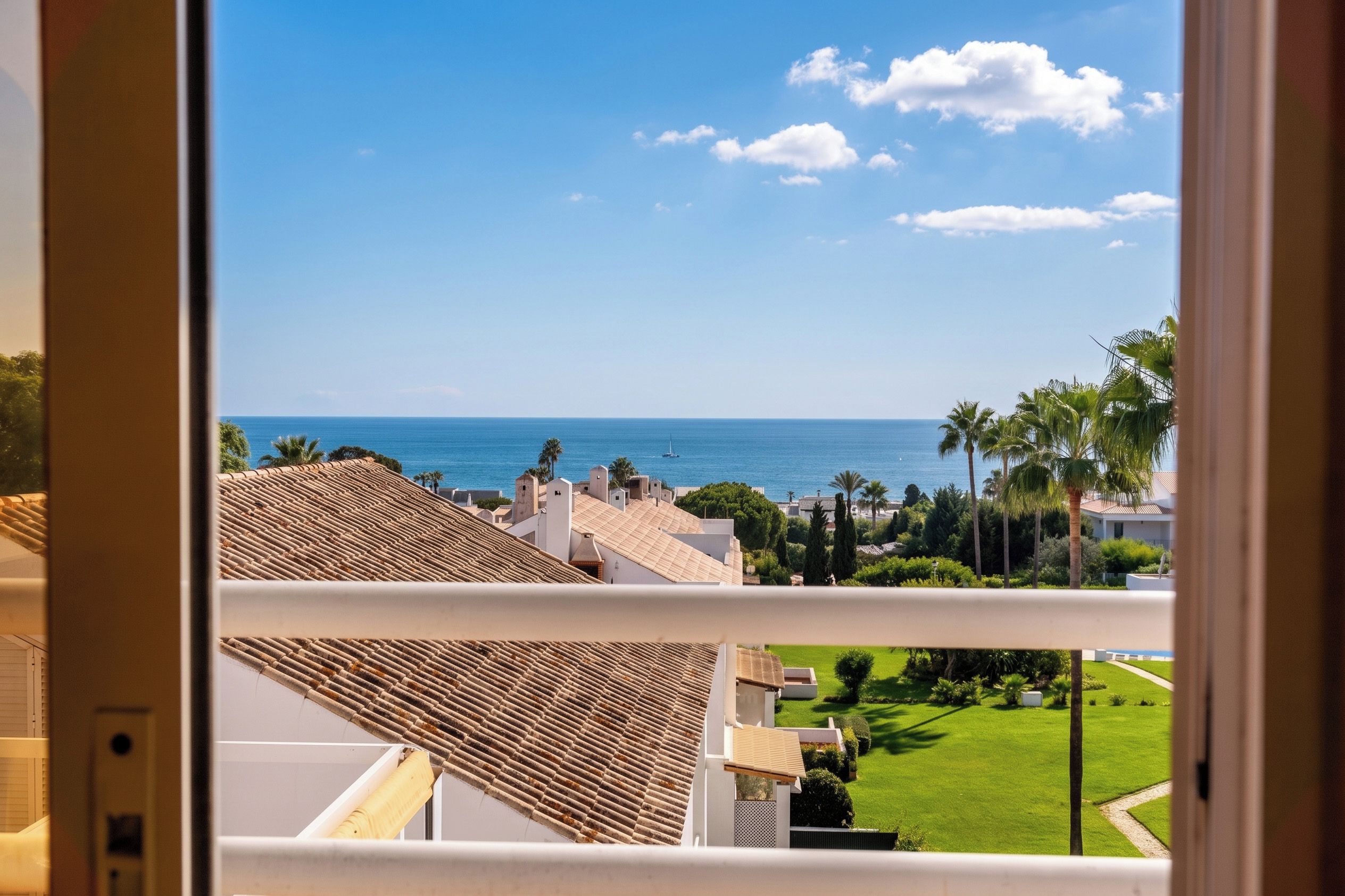 Une vue depuis une fenêtre donnant sur une zone côtière, avec un ciel dégagé, des palmiers et une vue lointaine sur la mer.