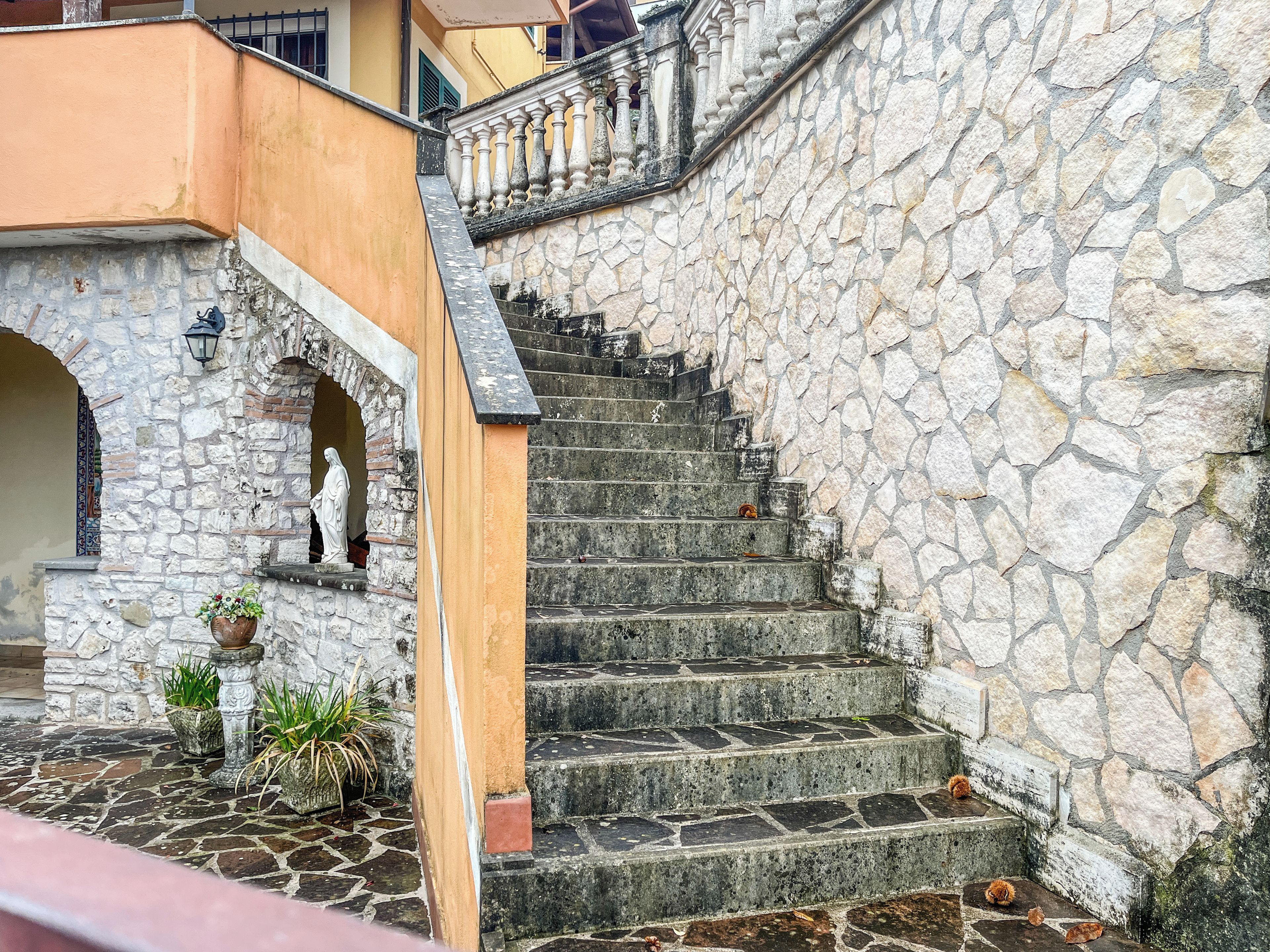 A stone staircase leading to a building entrance with a statue and potted plants.