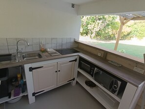 A kitchen with a sink, countertop, cabinets, and a window overlooking a green outdoor area.