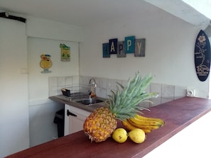 A kitchen with a wooden countertop, a sink, and a surfboard decoration on the wall.
