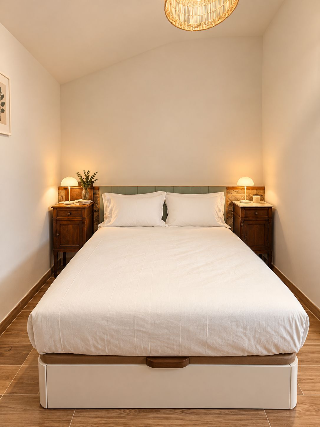 Una cama bien hecha con sábanas blancas, dos mesitas de noche con lámparas, un cabecero de madera y un aplique de techo tejido.