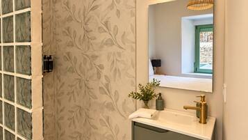 A bathroom with a shower, a sink with a mirror, and a decorative wall.