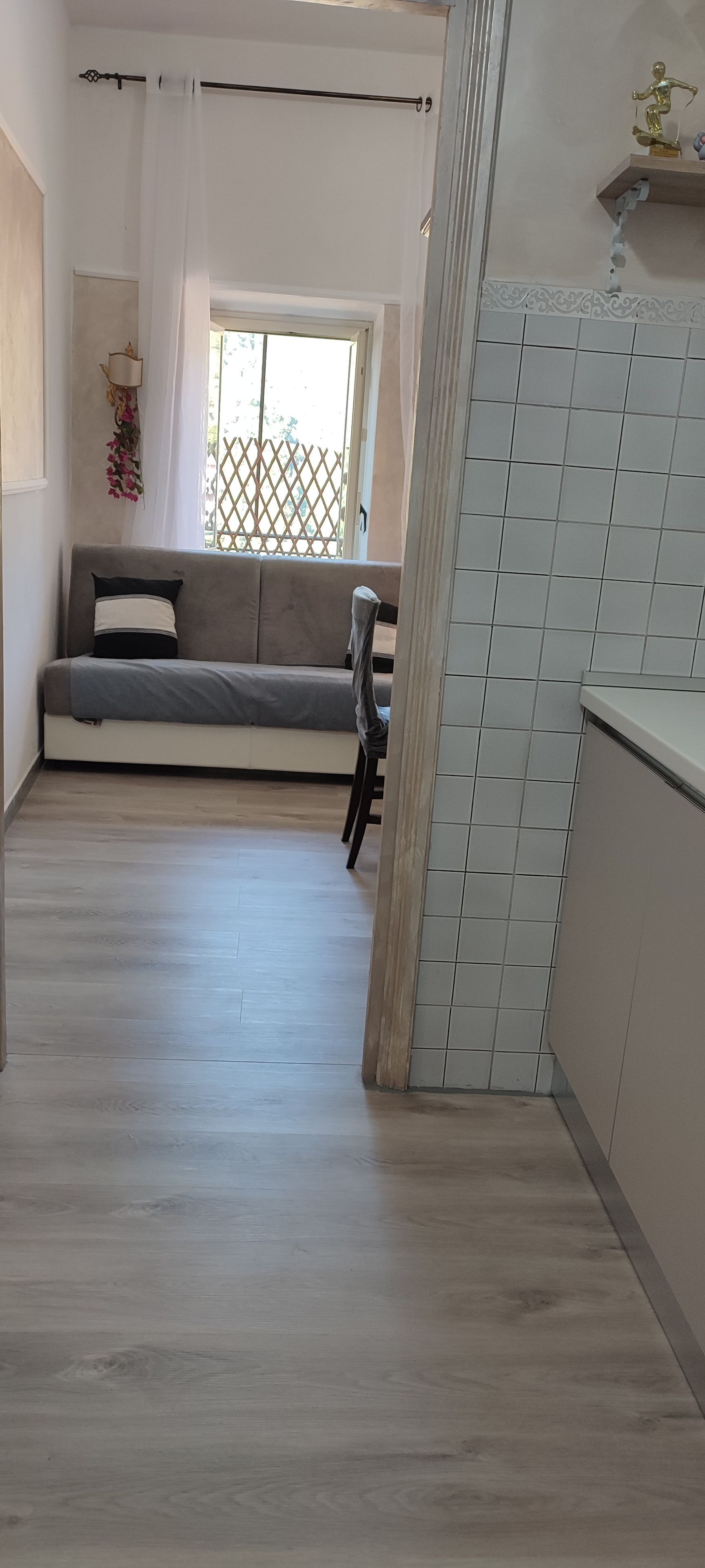 A room with a sofa, a dining table, and a kitchen area.