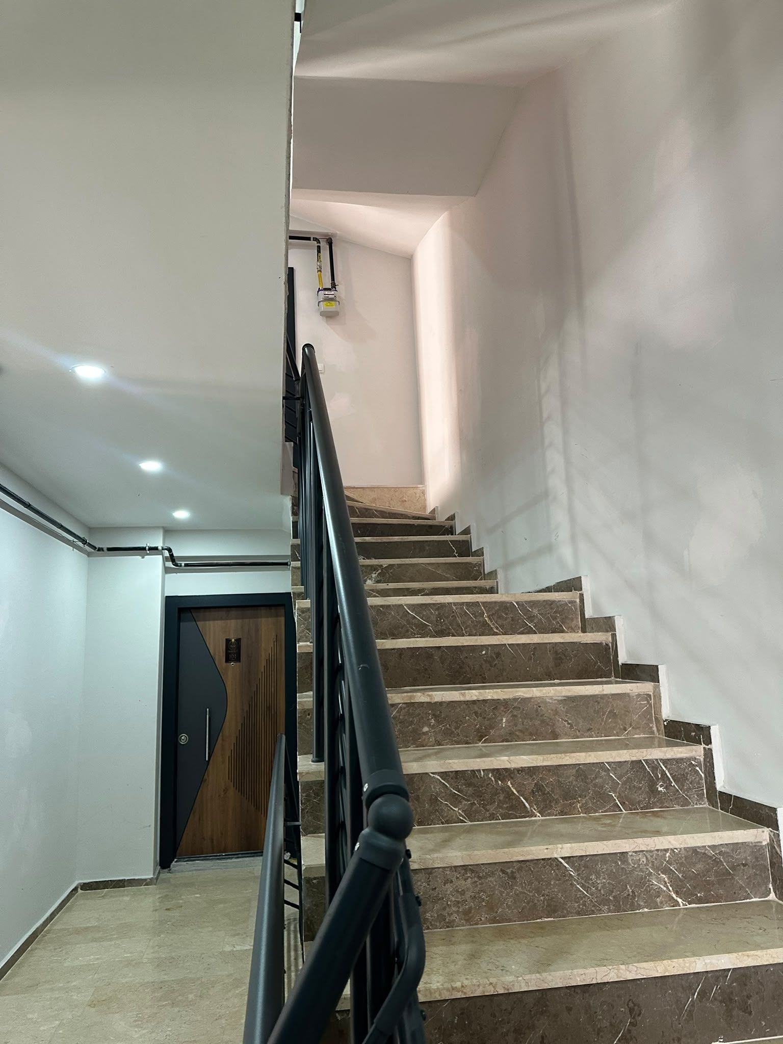 Una escalera con escalones de mármol y barandilla negra, que lleva a una puerta con panel de madera.