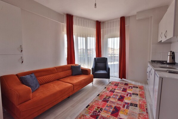 A modern living room with a sofa, a chair, and a kitchen area with a kettle.
