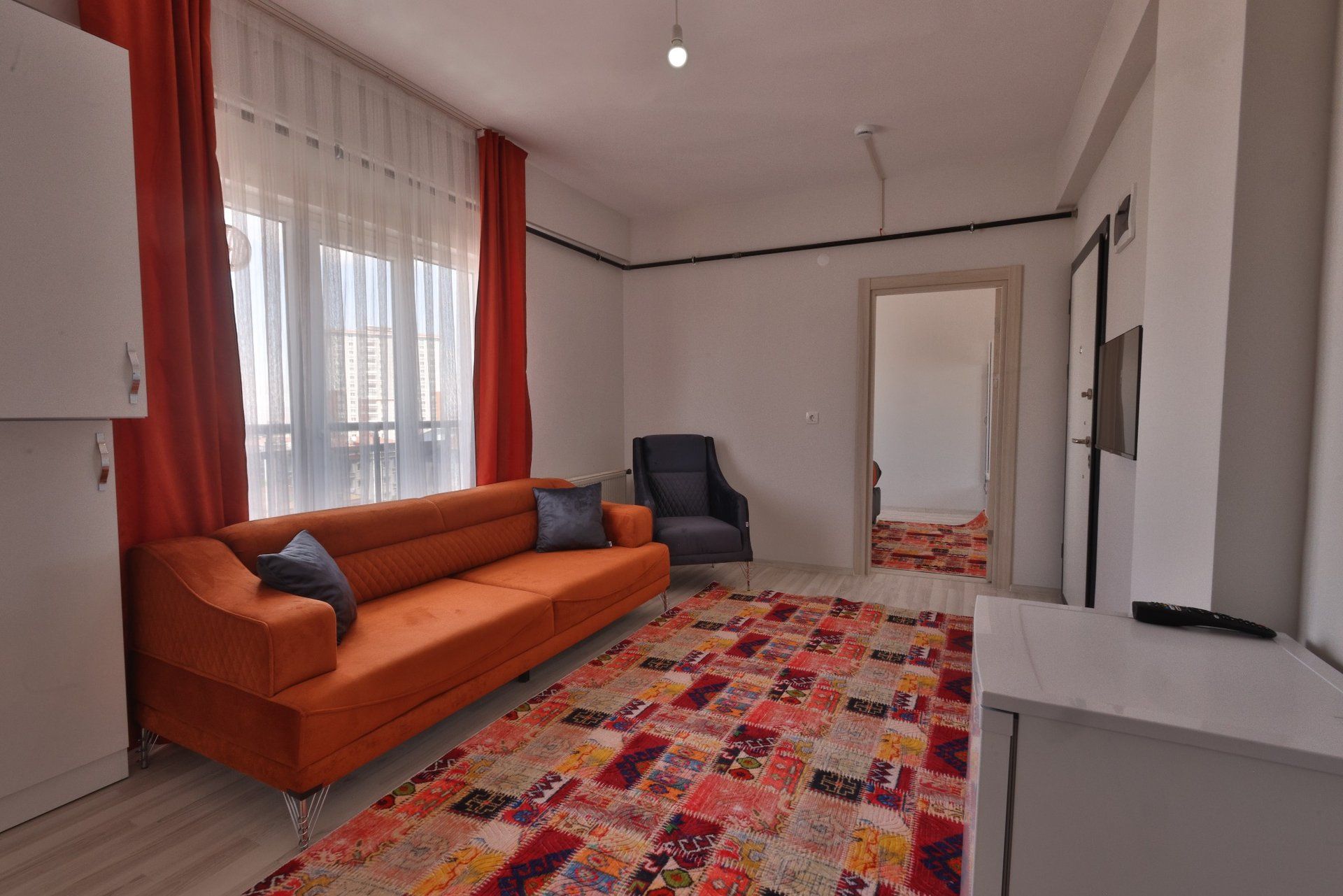 Un salon moderne avec un canapé, un fauteuil et un tapis à motifs.