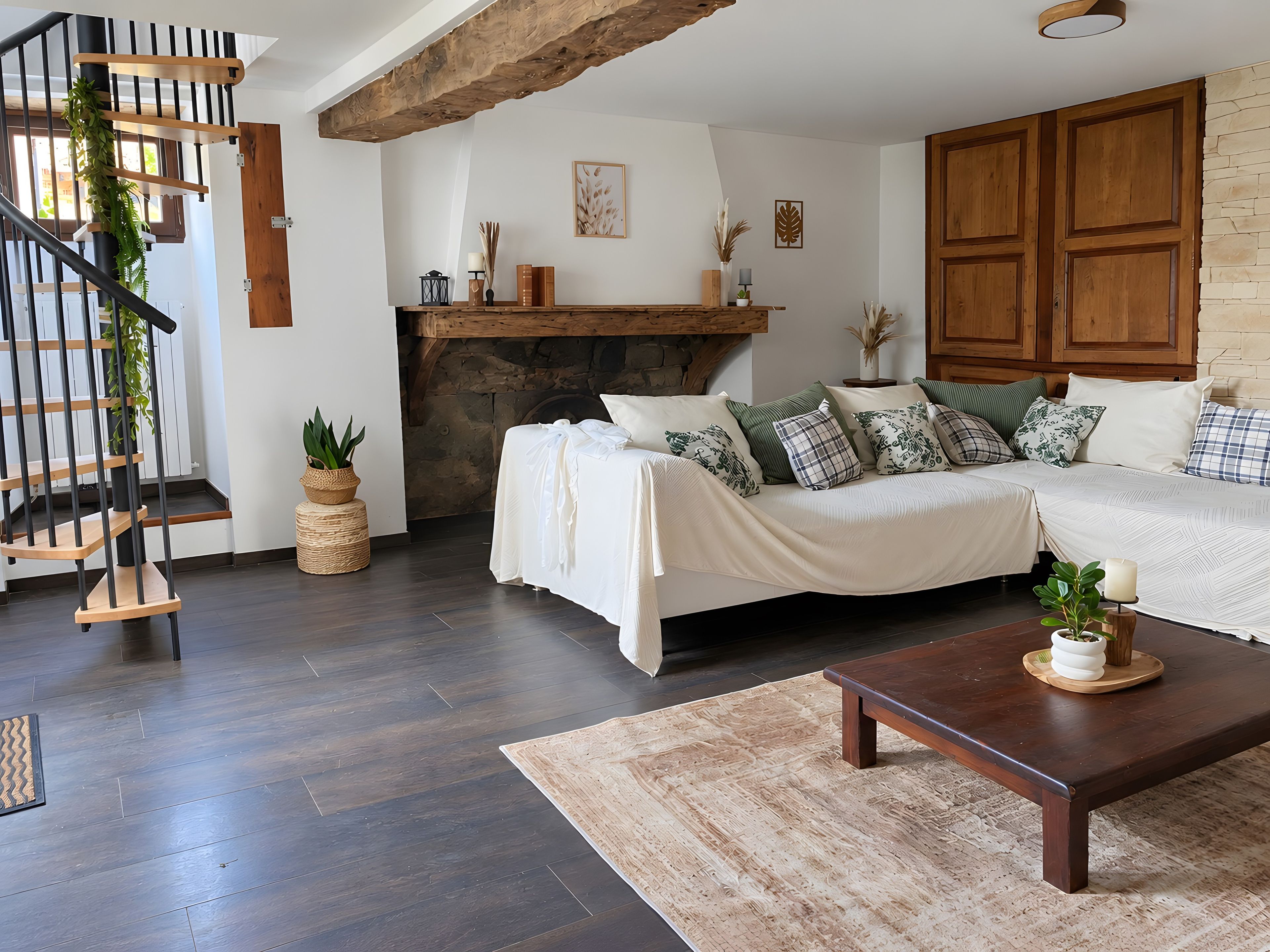 Un salon moderne avec un escalier, une cheminée et un lit agrémenté de plusieurs coussins.