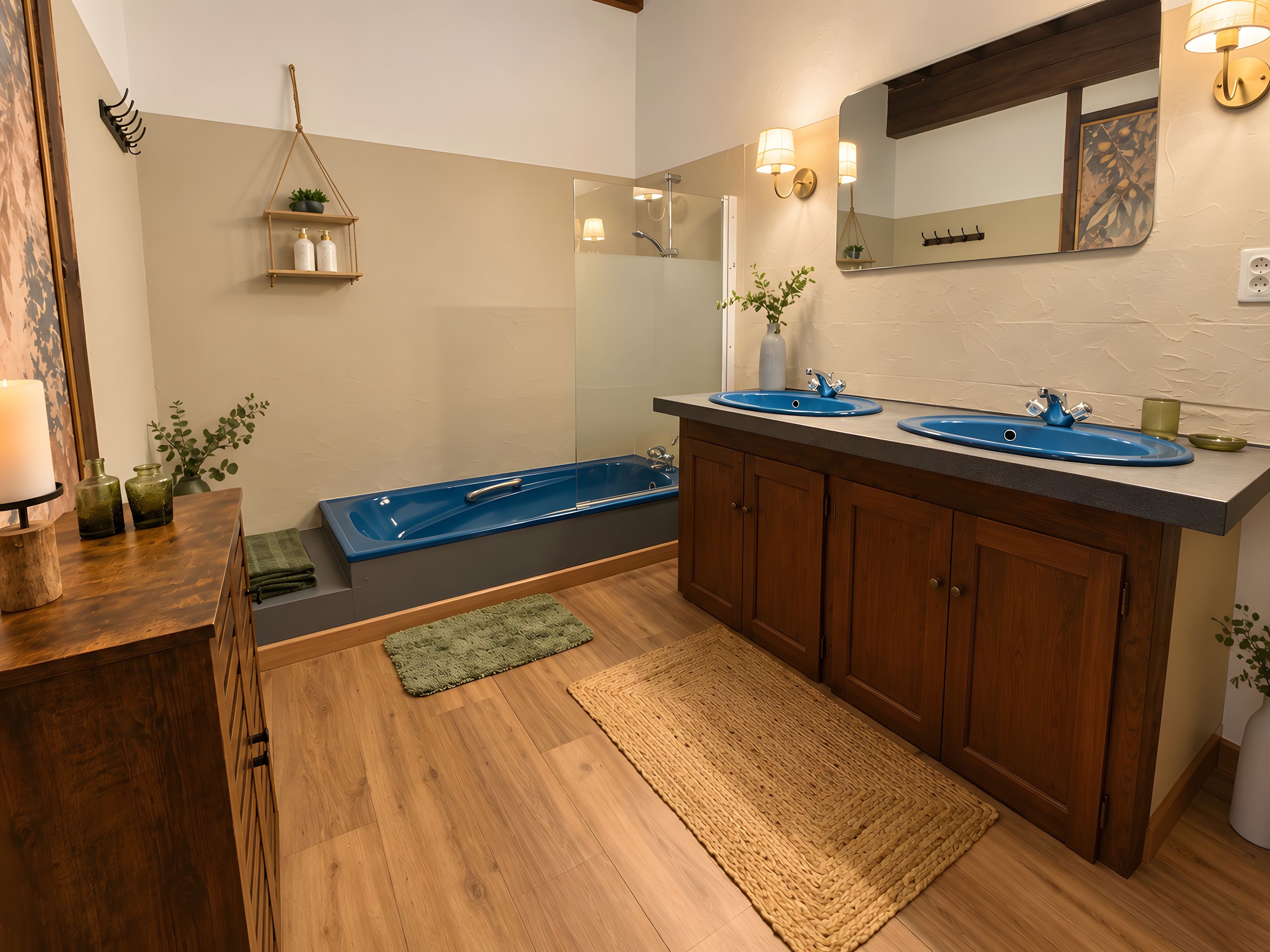 Un baño moderno con bañera, dos lavamanos, armarios de madera, un espejo y una planta colgante.