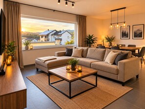 A modern living room with a sofa, coffee table, and dining area. - Apartment 'Felix Living 11 – Lusenblick - Großzügige Wohnung für bis zu 8 Personen' (Mauth)