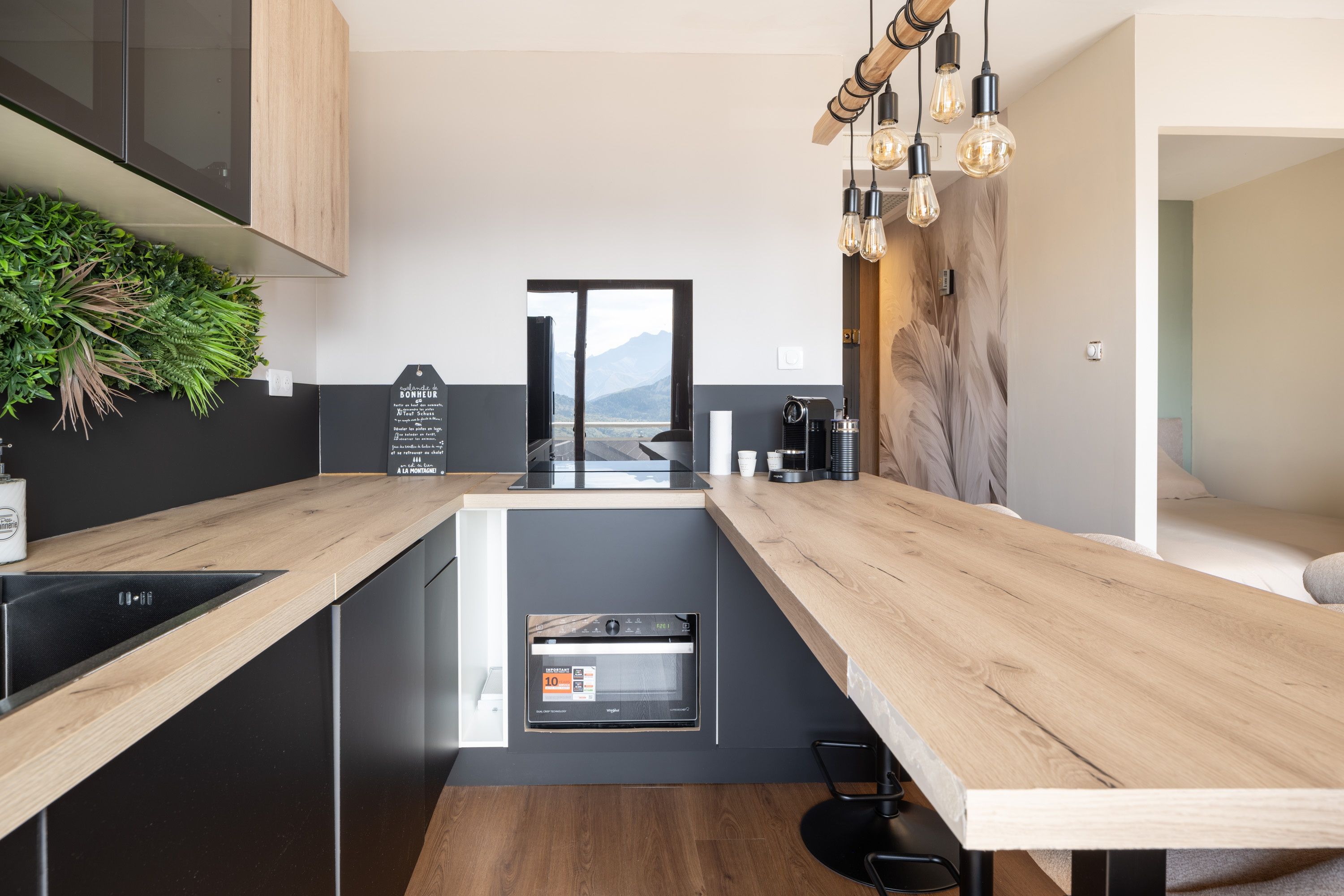 A modern kitchen with a built-in dishwasher, a coffee machine, and a view of mountains through a glass door.