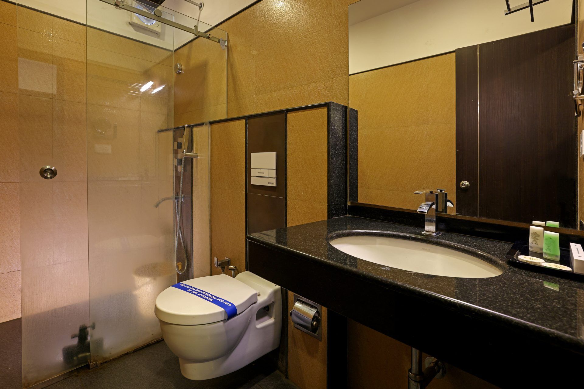 A bathroom with a glass shower enclosure, a white toilet, a sink with a mirror, and a wooden cabinet.