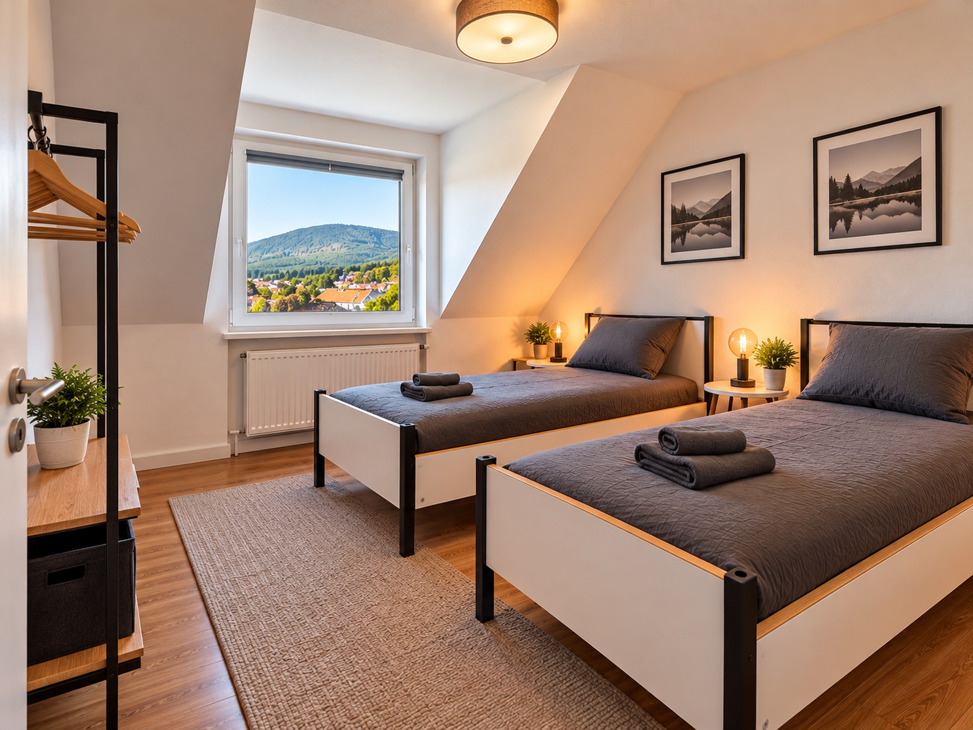 A bedroom with two beds, a window with a view of a village, and a wall with two framed pictures. - Apartment 'Felix Living 16 – Lusenblick' for 2 guests (Mauth)