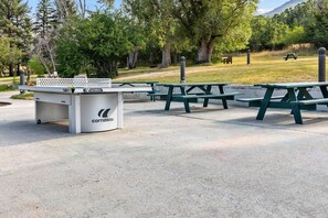 Zona de pícnic amb taules i bancs verds, i una taula blanca amb la marca 'Cornilleau' ben visible.