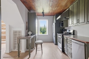 Une cuisine compacte avec un plafond en bois, une fenêtre offrant une belle vue et des appareils électroménagers modernes.