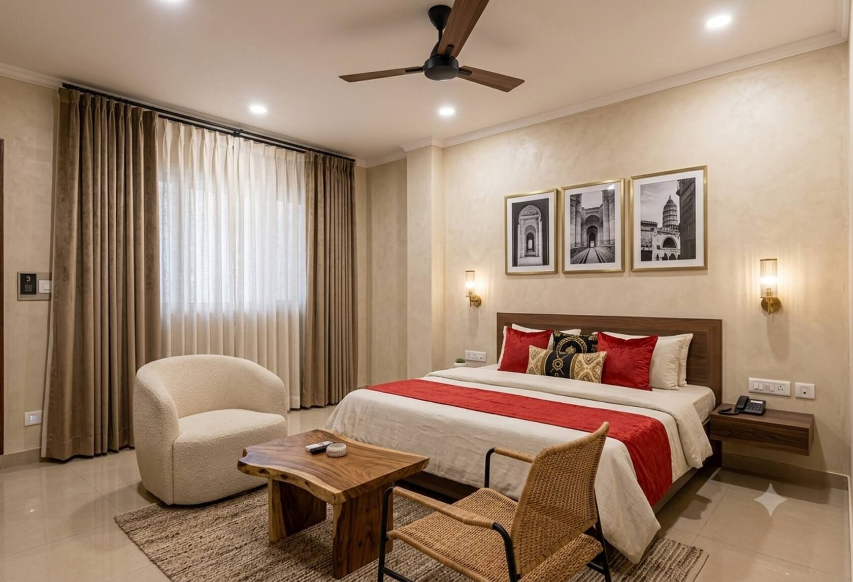 Ein Hotelzimmer mit Bett, Sessel, kleinem Tisch und Deckenventilator.