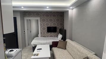 Een moderne hotelkamer met een bed, een slaapbank, een televisie en een kleine kitchenette.