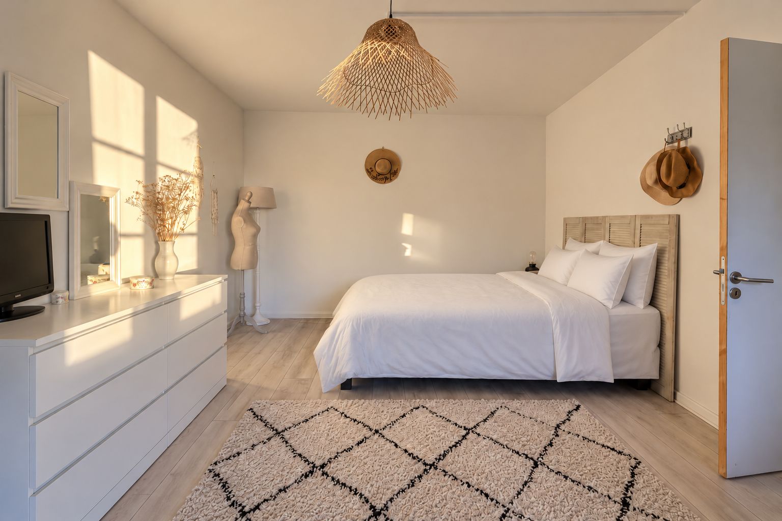 A bedroom with a bed, a dresser, a television, a hanging light fixture, and a door.