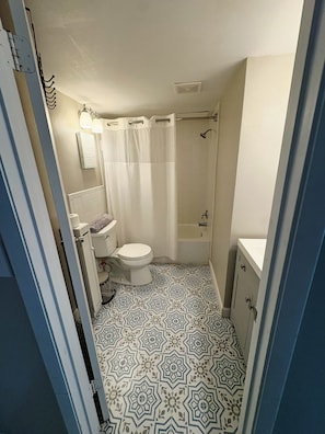 Een badkamer met toilet, douche en wastafel.