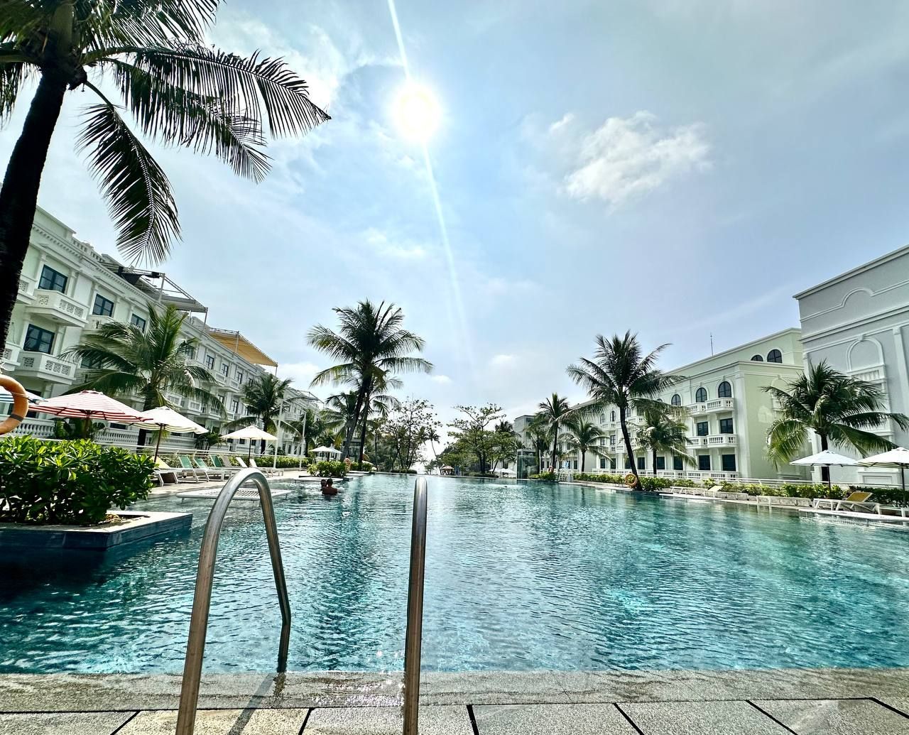 A swimming pool with a clear sky, palm trees, and buildings in the background.