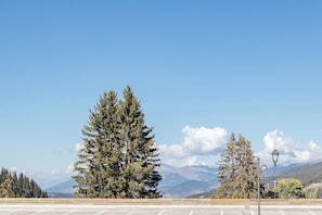 A clear road with a street lamp and a large evergreen tree in the foreground. - Creux de l'Ours (Les Allues)