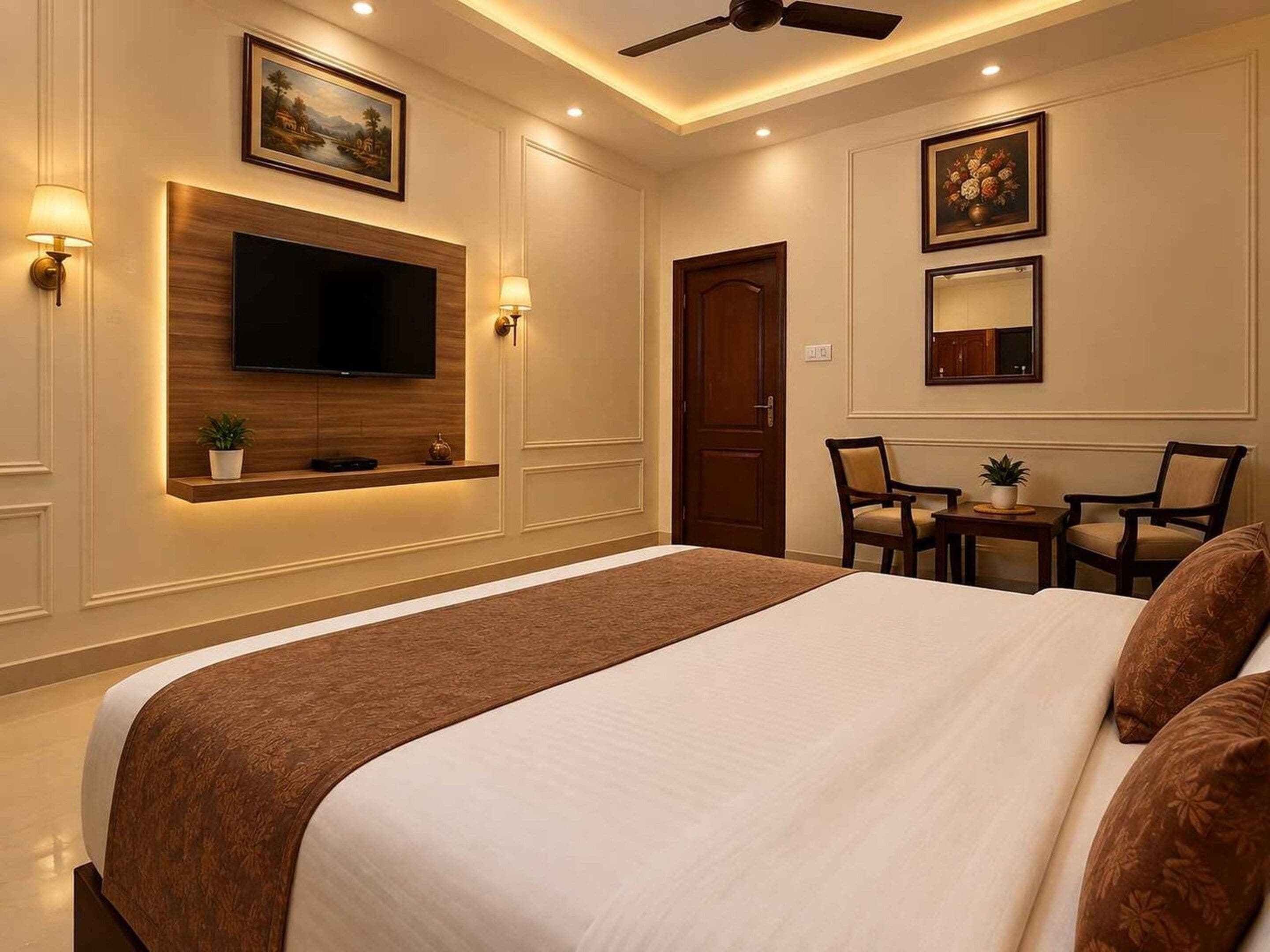 Une chambre d’hôtel avec un grand lit, un téléviseur à écran plat fixé au mur, un ventilateur de plafond et une petite table avec des chaises.
