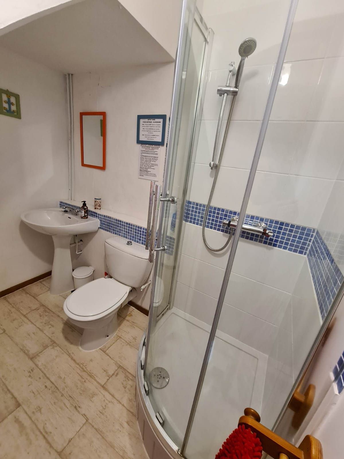 Un baño con ducha de vidrio, un lavabo e inodoro.