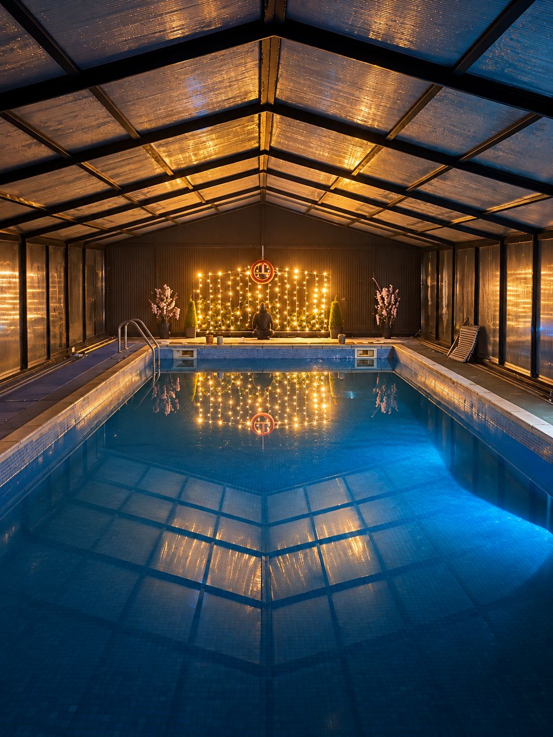 A large indoor swimming pool with a geometric ceiling structure, surrounded by walls with a reflective surface.