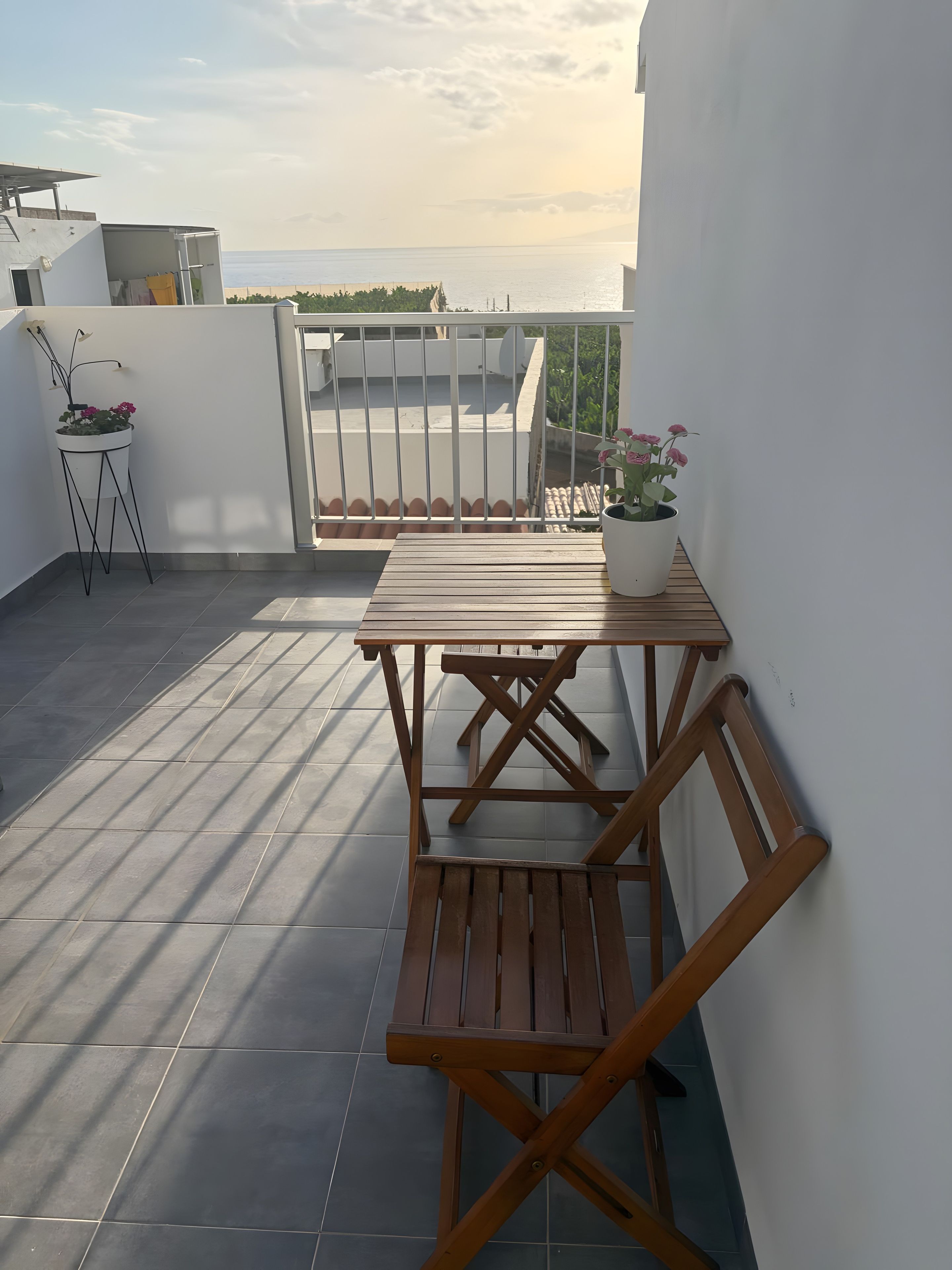 Una terraza en la azotea con mesa y sillas de madera, plantas en macetas y vistas al mar.