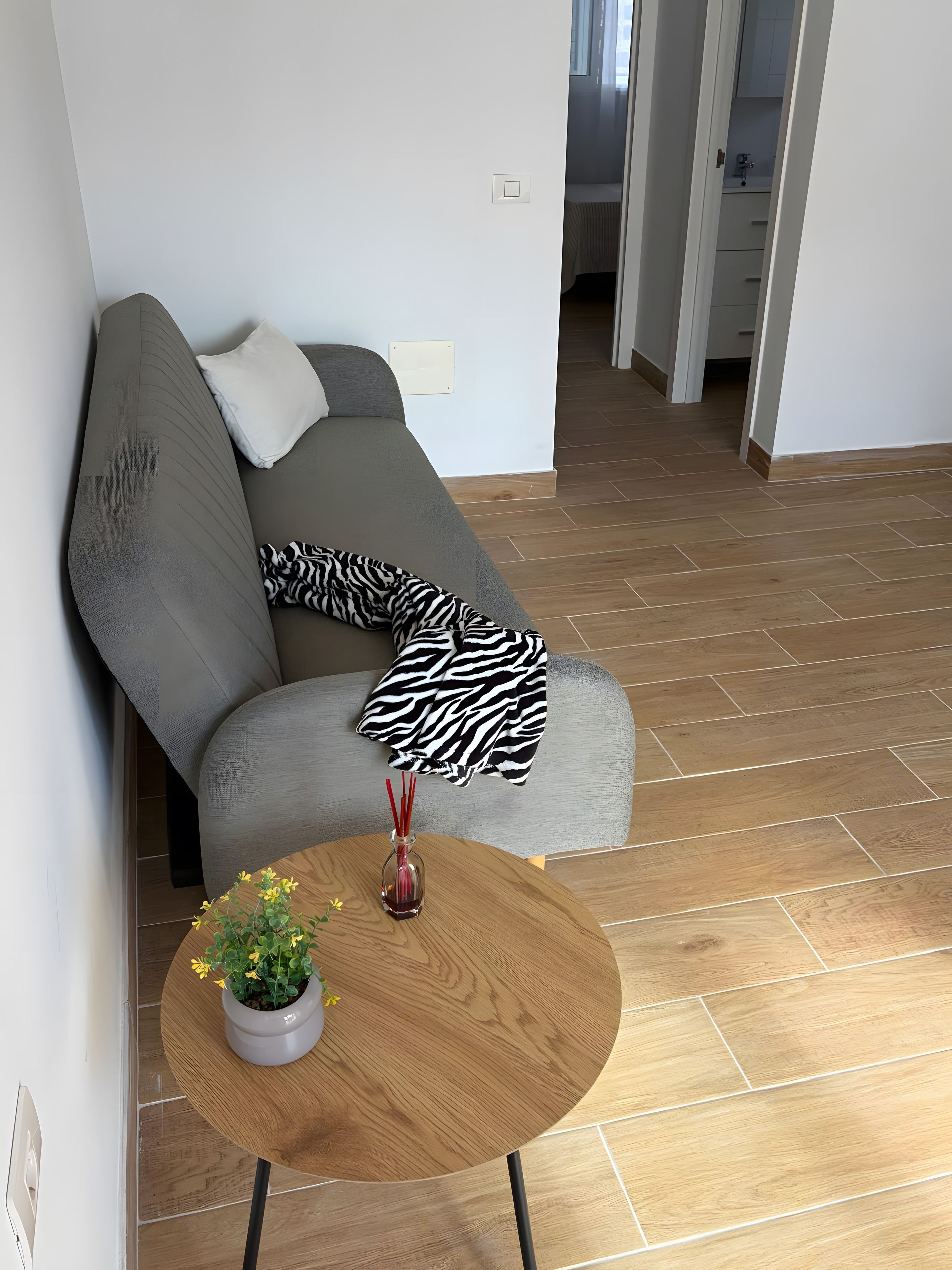 Un salon moderne avec un canapé gris, un plaid à motifs zébrés, une petite table basse en bois sur laquelle est posée une plante en pot, et un plancher en bois.