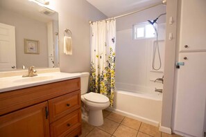 A bathroom with a toilet, sink, vanity, shower, and a bathtub.