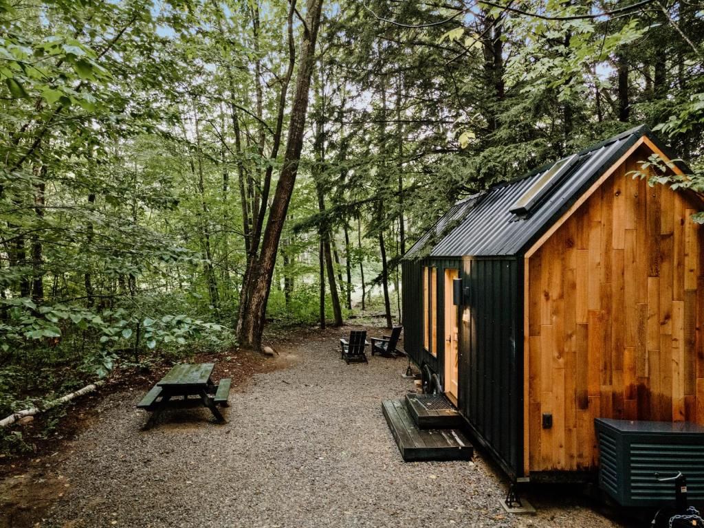 A wooden cabin with a gravel path leading to it, surrounded by trees.