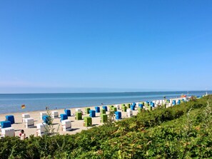 A beach with rows of beach chairs and umbrellas, a clear sky, and the sea in the background. - Apartment "tohus" (Wyk auf Foehr)