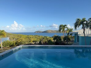 Ein Swimmingpool mit klarem, blauem Wasser, umgeben von tropischer Vegetation und Blick auf den Ozean.