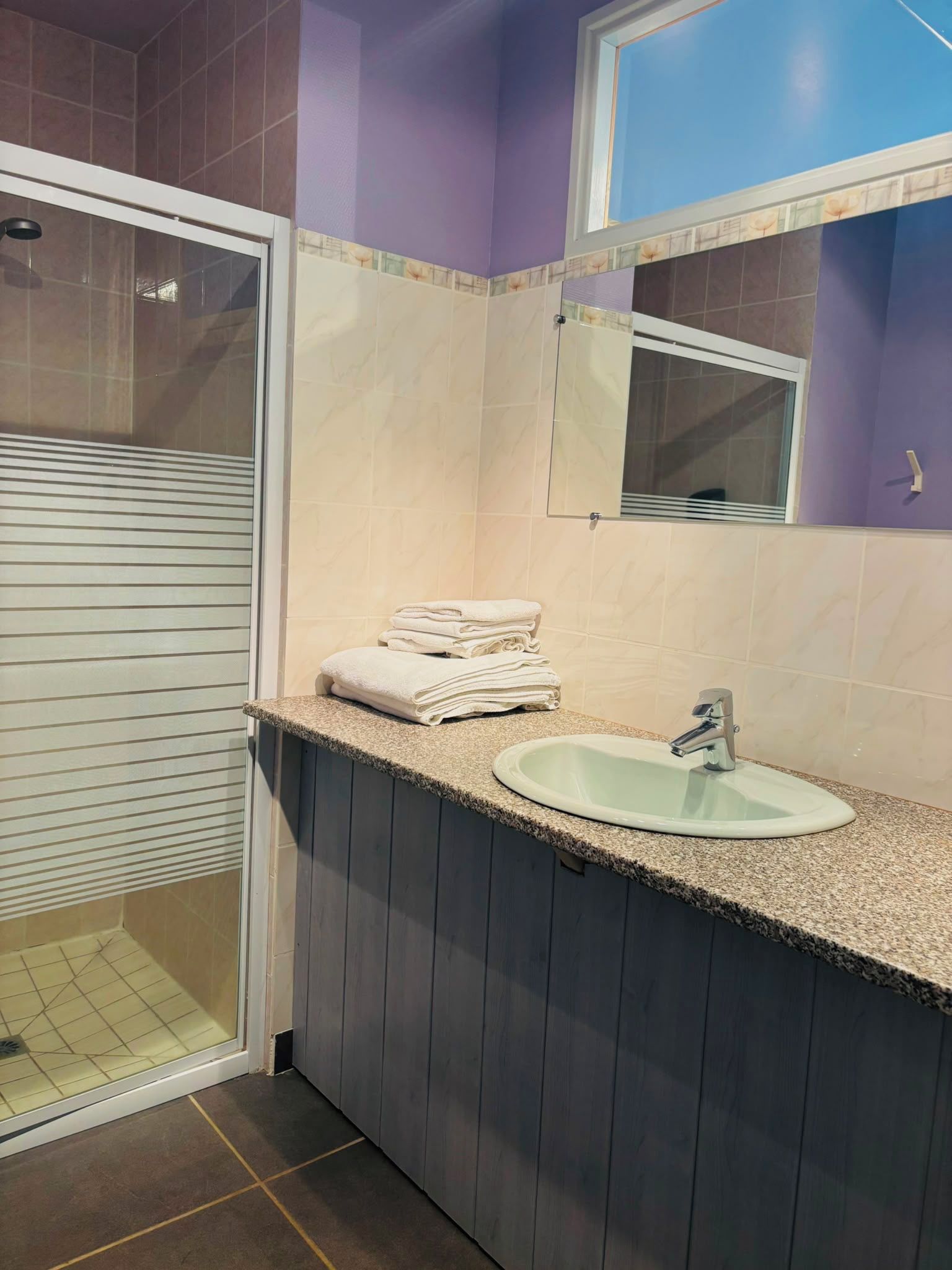 Un bany amb dutxa, un lavabo i un mirall.