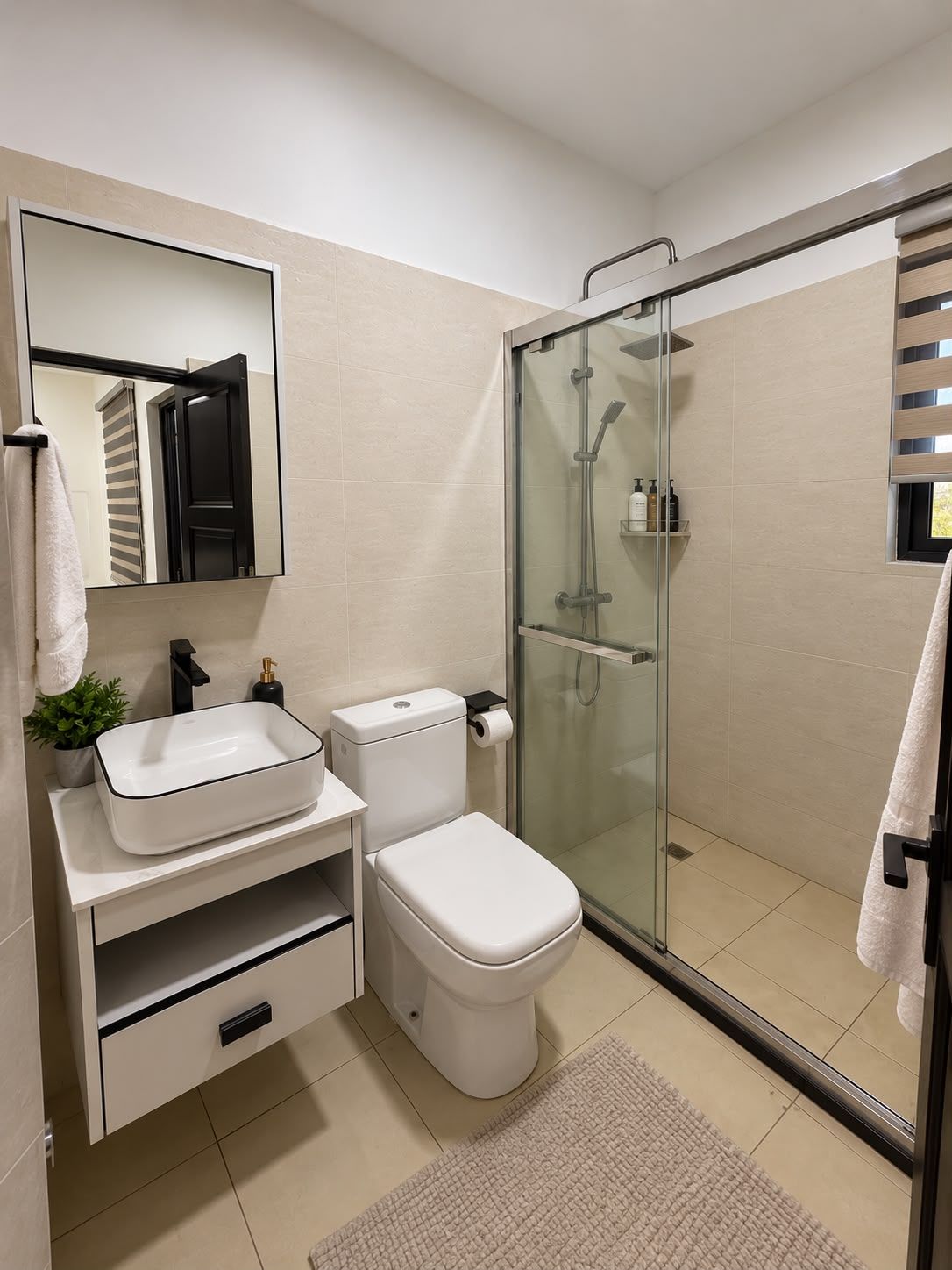 Une salle de bain moderne avec une douche à parois de verre, un lavabo blanc et des toilettes.