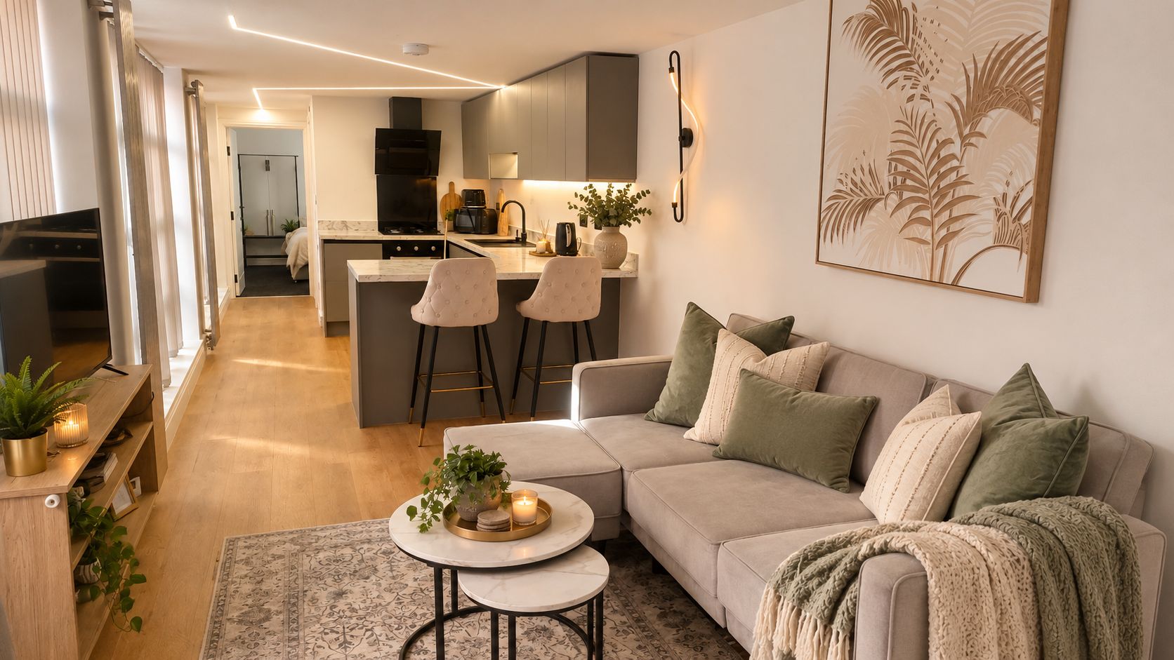 A modern living room with a sofa, a coffee table, and a kitchen in the background.