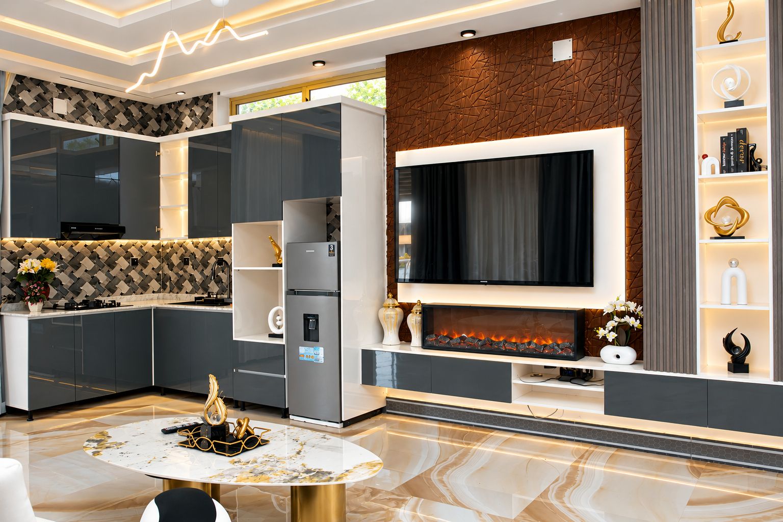 Cozinha moderna com TV integrada, lareira e mesa de jantar de mármore.