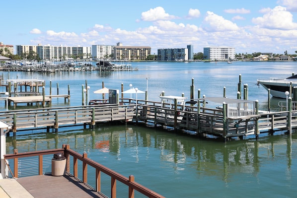 A marina with docks, boats, and a city skyline in the background.
