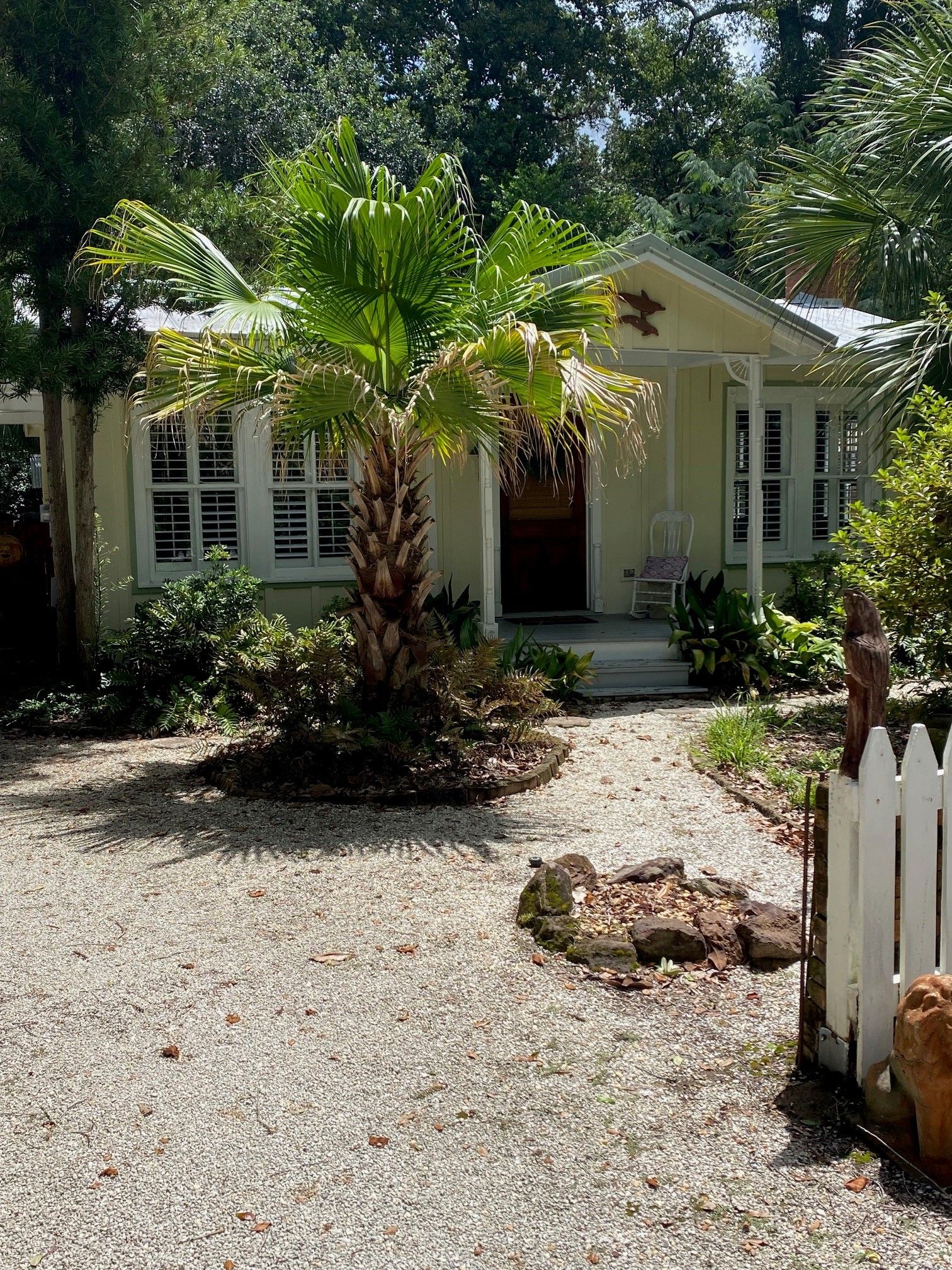 A house with a gravel driveway, a palm tree, and a white picket fence.