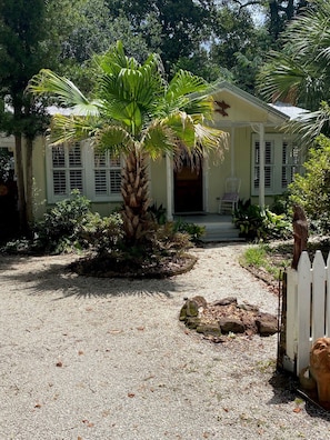 A house with a gravel driveway, a palm tree, and a white picket fence.
