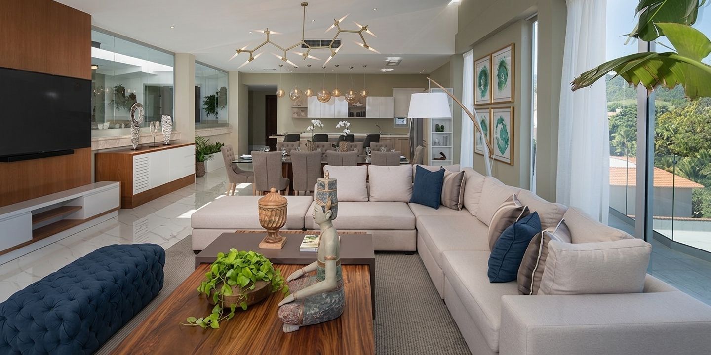 A modern living room with a sectional sofa, a coffee table with decorative items, and a television mounted on the wall.